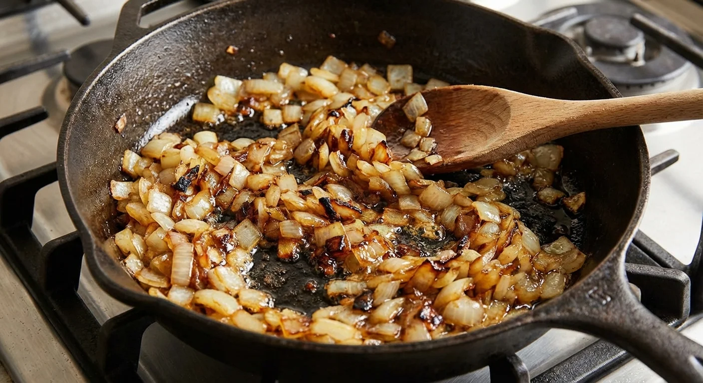 Caramelizing onions in a stainless steel skillet.