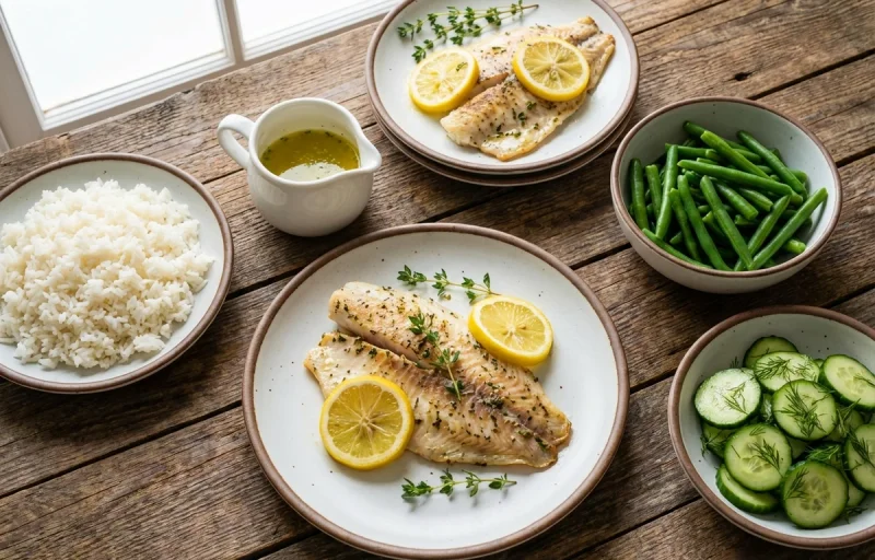 Baked Tilapia, Steamed White Rice and Lemon Herb Butter Drizzle