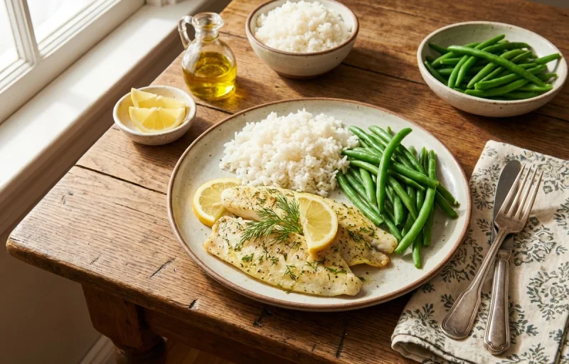 Lemon Herb Baked Tilapia, Steamed White Rice and Steamed Green Beans