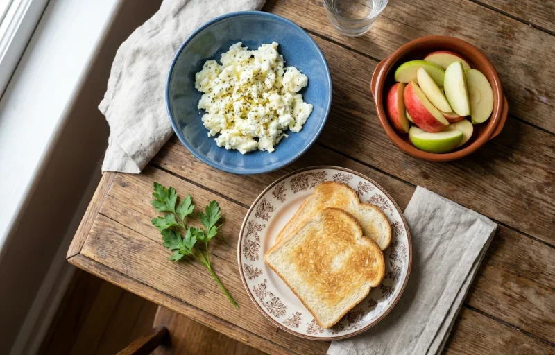 Scrambled Egg Whites, Toasted White Bread and Apple Slices